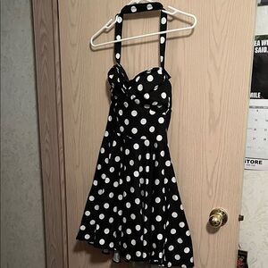 Polka Dot Halter Fit-and-Flare Mini Dress - Black/White